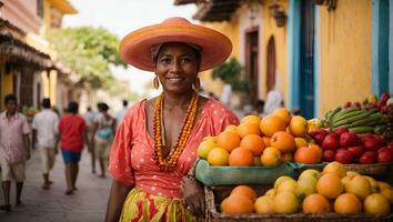 tradizionale fresco frutta strada venditore alias palenquera nel il vecchio cittadina di cartagena nel cartagena de indie, caraibico costa regione, Colombia. ai generato foto
