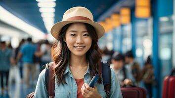 contento giovane asiatico turista donna Tenere passaporto e imbarco passaggio con Bagaglio andando per viaggio su vacanze su blu sfondo.. ai generato foto