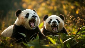 Due panda scherzosamente lotta nel un' erboso campo foto