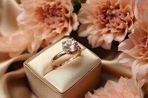 Fidanzamento squillare con un' diamante nel un' scatola su un' sfondo di un' fiore mazzo. nozze concetto foto
