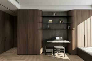 vuoto spazio interno con pianoforte, di legno, e marmo parete, parquet pavimento, 3d interpretazione foto