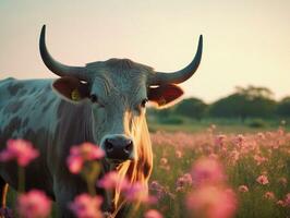 maestoso Longhorn pascolo nel lussureggiante viola prato generativo ai foto