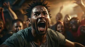 ritratto di un' giovane africano americano uomo urlando nel un' folla di ubriaco le persone. foto