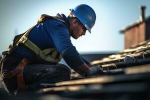 costruzione lavoratore su il tetto Lavorando ai generativo foto