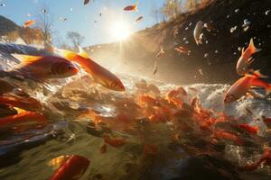 pesce rosso nuoto nel un' stagno nel il presto mattina con sole raggi, Pesci partire per la deposizione delle uova a monte, ai generato foto