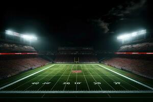 un' Visualizza di il vuoto calcio stadio a notte. 3d rendering, calcio campo illuminato di stadio luci, ai generato foto