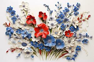 mazzo di primavera fiori su bianca sfondo, superiore Visualizza, floreale pittura con rosso, bianca, e blu fiori su un' bianca sfondo, ai generato foto