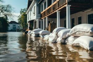 mucchio di bianca sacchi di sabbia su il acqua. alluvione nel il nazione, alluvione protezione sacchi di sabbia con allagato le case nel il sfondo, ai generato foto