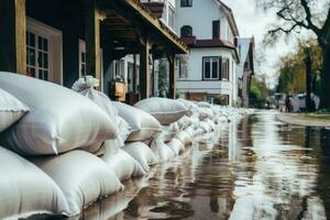 mucchio di bianca sacchi su il strada dopo un' alluvione nel il città, alluvione protezione sacchi di sabbia con allagato le case nel il sfondo, ai generato foto