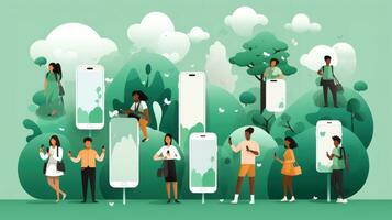 persone con smartphone e alberi nel il parco. piatto vettore illustrazione. foto