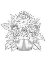 grande Cupcake con Rose fiori grafica per colorazione per bambini e adulti foto