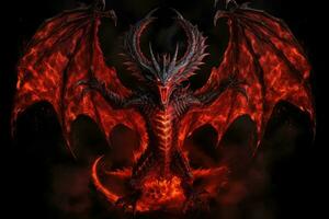 3d interpretazione di un' fantasia Drago con fuoco su un' nero sfondo, pieno lunghezza arrabbiato rosso Drago con grande Ali e fuoco su nero sfondo, ai generato foto