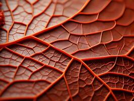 biologico geometria rosso vene e le foglie messa a fuoco su articolazioni ai generativo foto