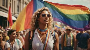 persone con arcobaleno bandiera su orgoglio parata. ai generato foto