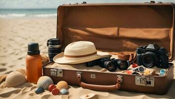 spiaggia preparazione - Accessori nel valigia su sabbia. ai generato foto