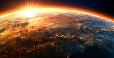 panoramico Visualizza di il globo di pianeta terra a partire dal spazio. raggiante luminosa sole - ai generato Immagine foto