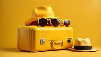 giallo valigia con sole bicchieri e cappello su giallo sfondo. 3d resa. viaggio concetto. minimo stile. ai generato foto