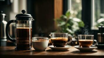 francese stampa con nero tè o caffè espresso caffè su il cucina tavolo sfondo. ai generato foto