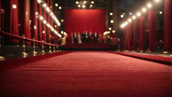 rosso tappeto rotolamento su nel davanti di affascinante film prima sfondo. ai generato foto