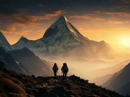 montagna scalatori con montagne nel il sfondo ai generativo foto
