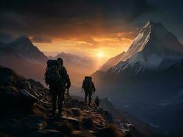 montagna scalatori con montagne nel il sfondo ai generativo foto