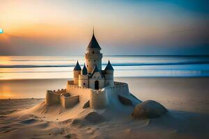 un' sabbia castello su il spiaggia a tramonto. ai-generato foto