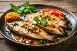 grigliato pesce con pomodoro salsa e erbe aromatiche su un' piatto. ai-generato foto