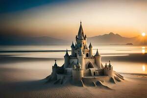 un' sabbia castello su il spiaggia a tramonto. ai-generato foto