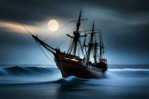 un' nave nel il oceano con un' pieno Luna. ai-generato foto
