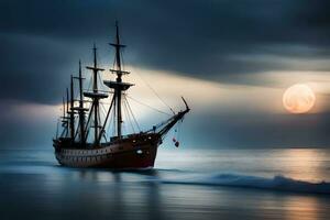 un' andare in barca nave nel il oceano con un' pieno Luna. ai-generato foto