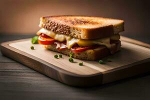 un' grigliato formaggio Sandwich su un' di legno taglio tavola. ai-generato foto