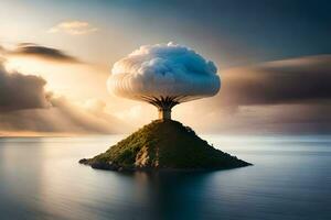 un' nube galleggiante su superiore di un isola. ai-generato foto