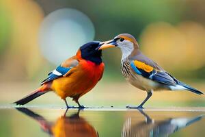 Due colorato uccelli in piedi su un' stagno con loro riflessione. ai-generato foto
