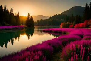 un' lago circondato di rosa fiori e alberi. ai-generato foto