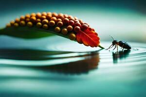 un' insetto è seduta su un' foglia con acqua. ai-generato foto