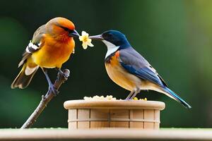 Due uccelli siamo in piedi su un' di legno tavolo con un' giallo fiore. ai-generato foto