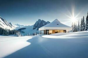 un' Casa nel il neve con montagne nel il sfondo. ai-generato foto