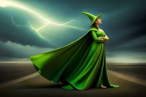 un' donna nel verde vestito in piedi nel davanti di un' fulmine tempesta. ai-generato foto