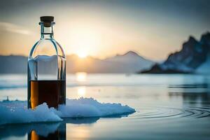 un' bottiglia di whisky si siede su il ghiaccio nel davanti di un' montagna. ai-generato foto