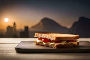 un' Sandwich con formaggio e pomodori su un' di legno tavola. ai-generato foto