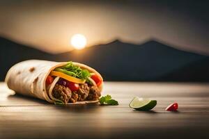 burrito con carne e verdure su un' di legno tavolo con tramonto nel il sfondo. ai-generato foto