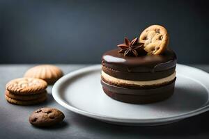 cioccolato torta con biscotti e stella anice su un' piatto. ai-generato foto