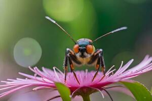 un' insetto su un' fiore con un' sfocato sfondo. ai-generato foto