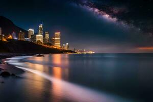 latteo modo al di sopra di Chicago orizzonte a notte. ai-generato foto