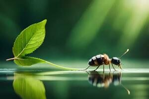 un' insetto è in piedi su un' foglia con acqua. ai-generato foto