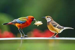 Due colorato uccelli in piedi su un' ripiano con un' pezzo di cibo. ai-generato foto