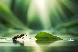 un' piccolo formica è in piedi su un' foglia nel acqua. ai-generato foto