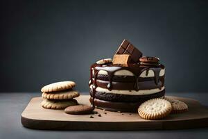 un' cioccolato torta con biscotti e un' cioccolato sbarra. ai-generato foto