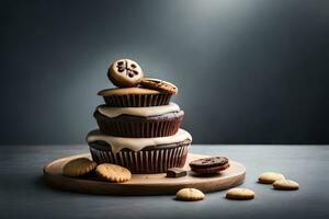 un' cioccolato Cupcake con biscotti e crema su superiore. ai-generato foto