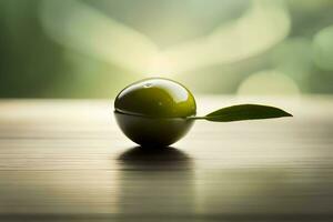 un' verde oliva su un' di legno tavolo con un' foglia. ai-generato foto